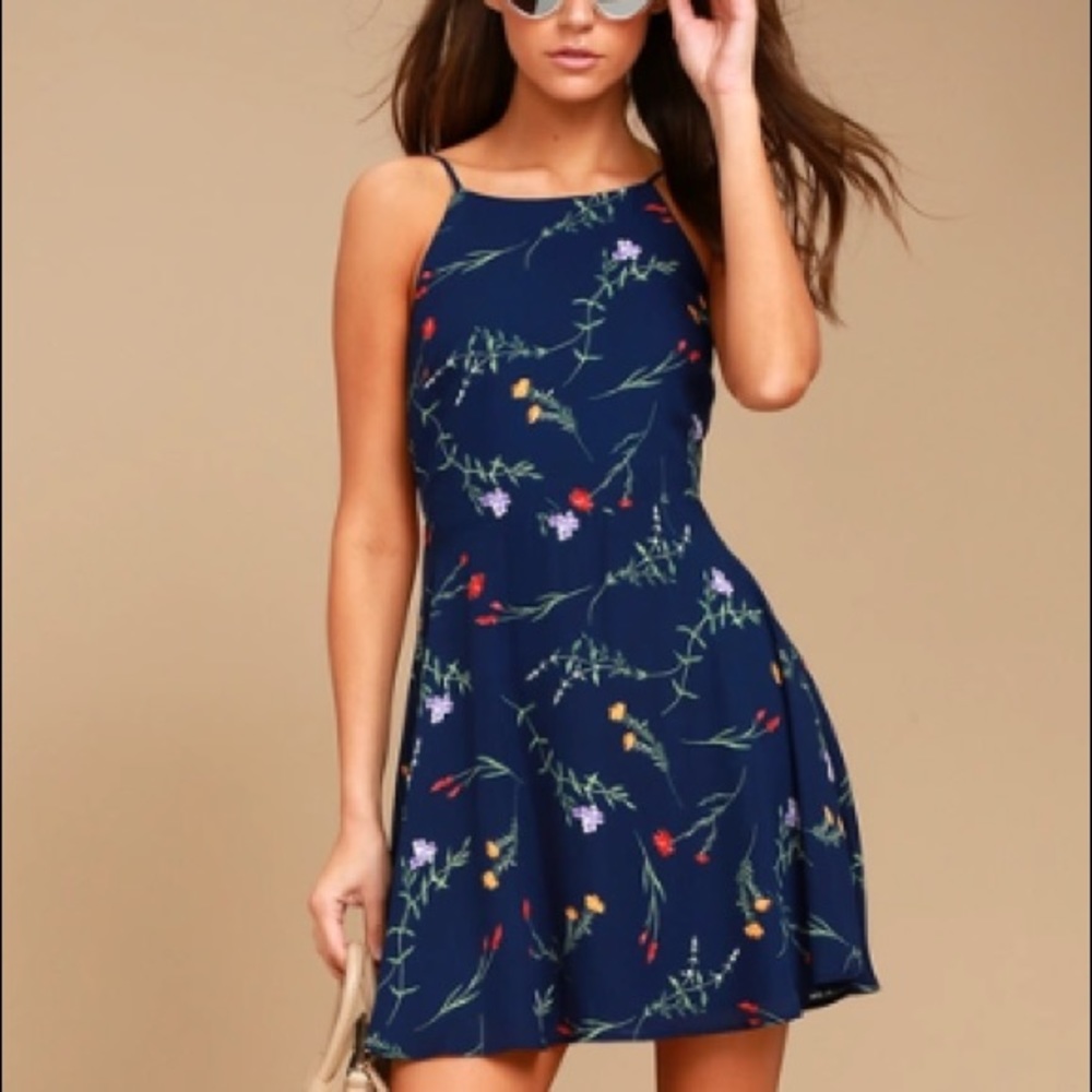 Lulus Flower of the Flock Navy Blue Skater Dress